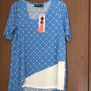 Nina Leonard Blue and White Polka Dot Asymmetrical Top QVC